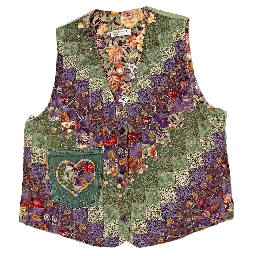 Vtg Handmade Quilted Vest M Dark Floral Levi's Patchwork Multicolor Cottagecore